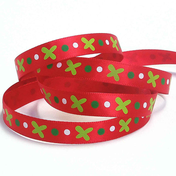 10mm Green Crosses on Red Satin Ribbon on Wooden Bobbin - 3 Metres