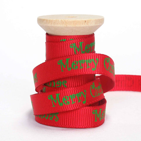 10mm Red and Green Merry Christmas Grosgrain Ribbon on Wooden Bobbin - 2 Metres