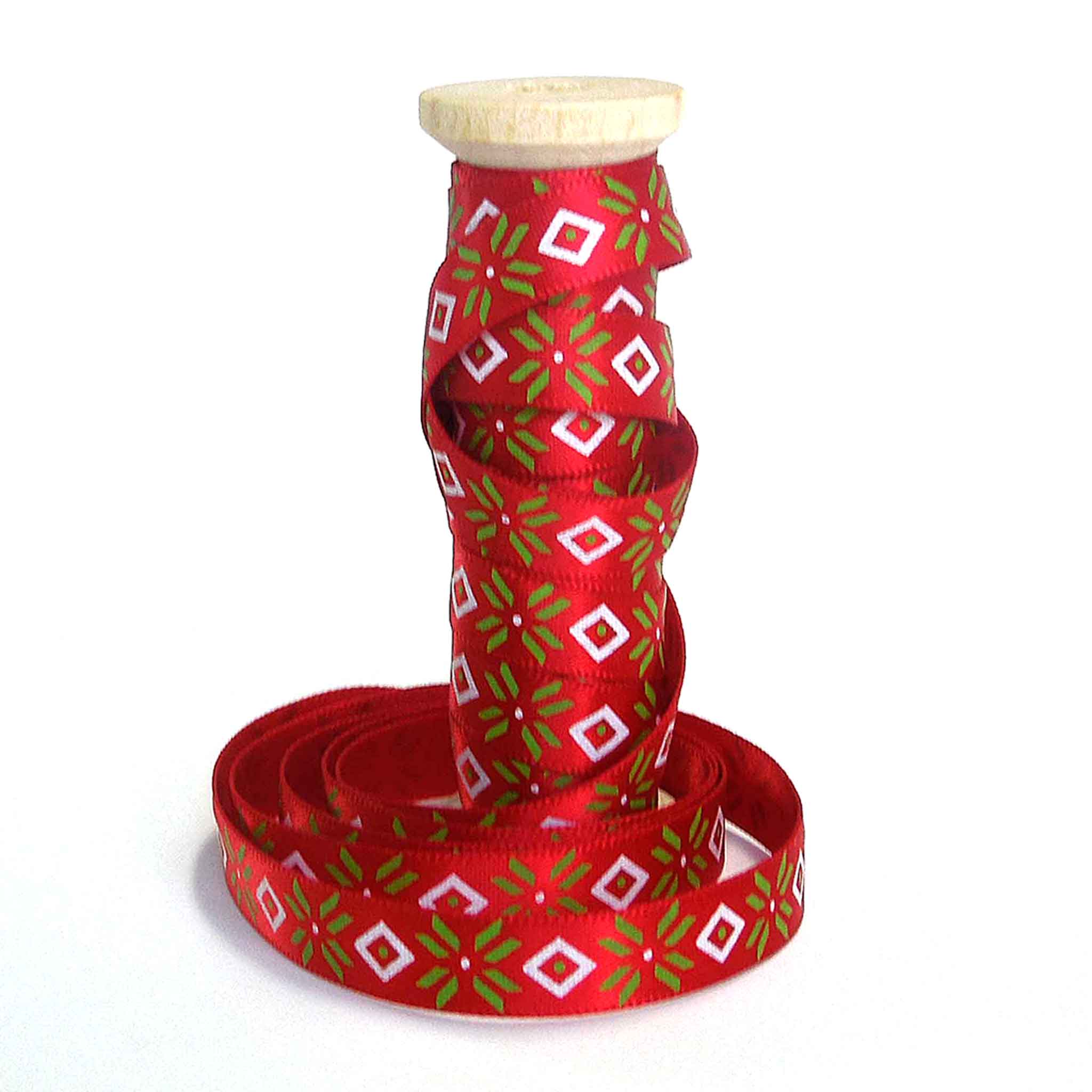 10mm Green and White Diamonds on Red Satin Ribbon on Wooden Bobbin - 3 Metres