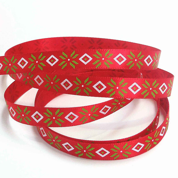 10mm Green and White Diamonds on Red Satin Ribbon on Wooden Bobbin - 3 Metres