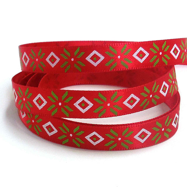 10mm Green and White Diamonds on Red Satin Ribbon on Wooden Bobbin - 3 Metres