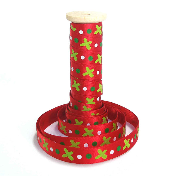 10mm Green Crosses on Red Satin Ribbon on Wooden Bobbin - 3 Metres