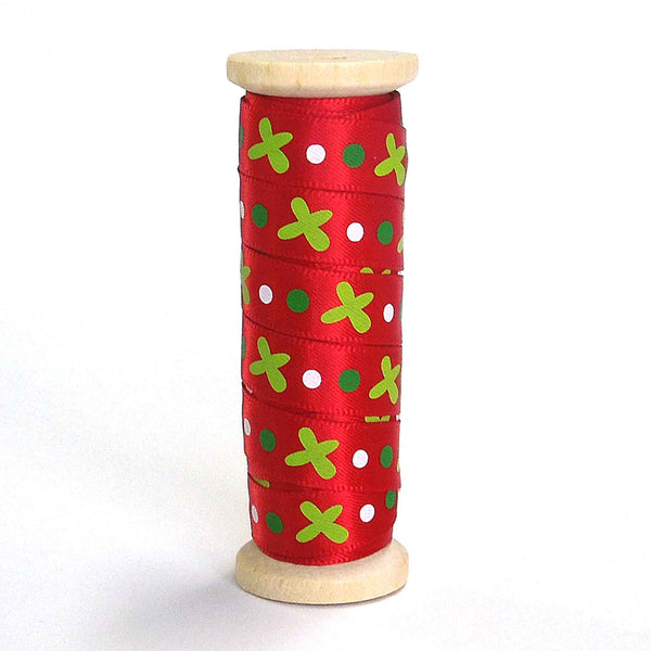 10mm Green Crosses on Red Satin Ribbon on Wooden Bobbin - 3 Metres