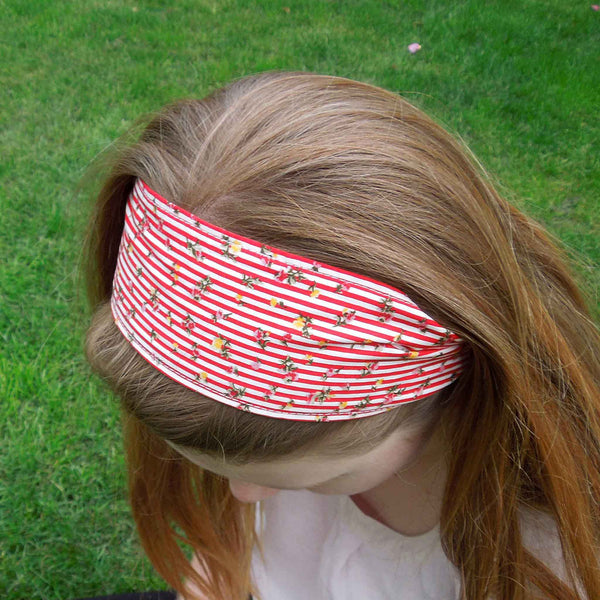 Scrunchie - Hairband - Bandana - Red Floral Stripe - Organza Gift Bag - Handmade in Pure Cotton