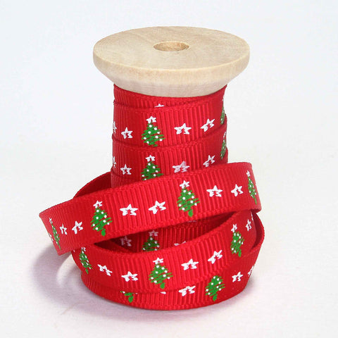 10mm Red Christmas Tree and Stars Grosgrain Ribbon on Wooden Bobbin - 2 Metres