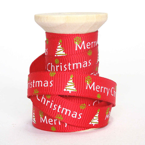 10mm Red Merry Christmas and Trees Grosgrain Ribbon on Wooden Bobbin - 2 Metres