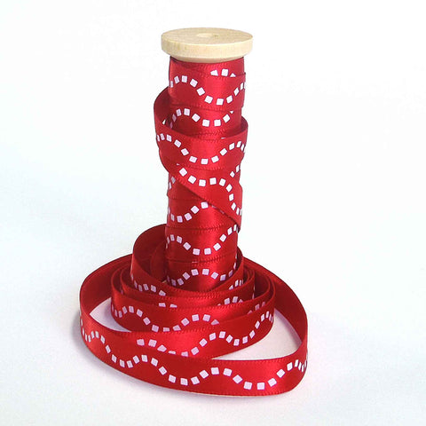 10mm White Dotted Lines on Red Satin Ribbon on Wooden Bobbin - 3 Metres