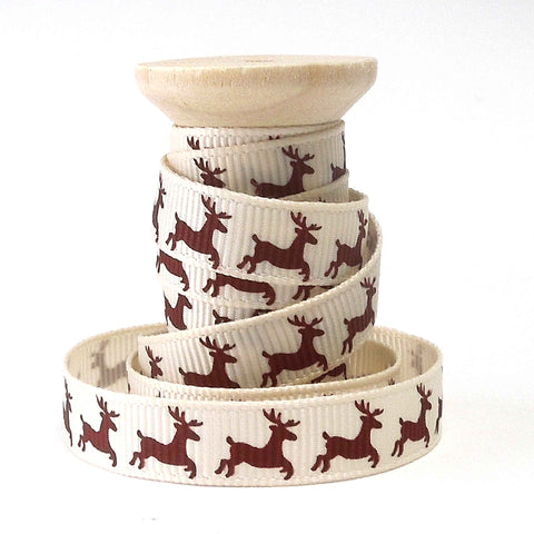 10mm Maroon Reindeer Grosgrain Ribbon on Wooden Bobbin - 2 Metres