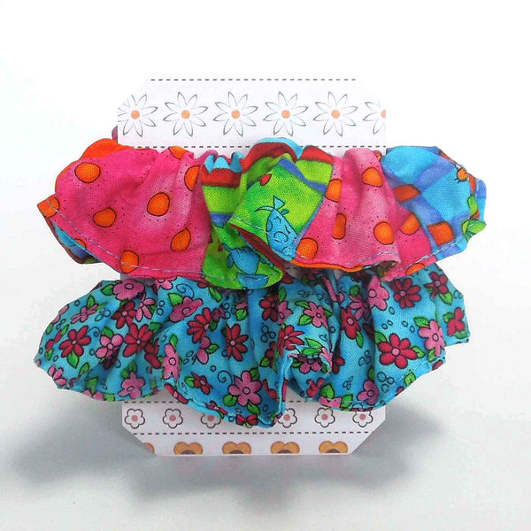 Cotton Scrunchies - Set of 2 on Gift Card - Turquoise Pink Daisies - Bright Dazzle - Handmade in Pure Cotton