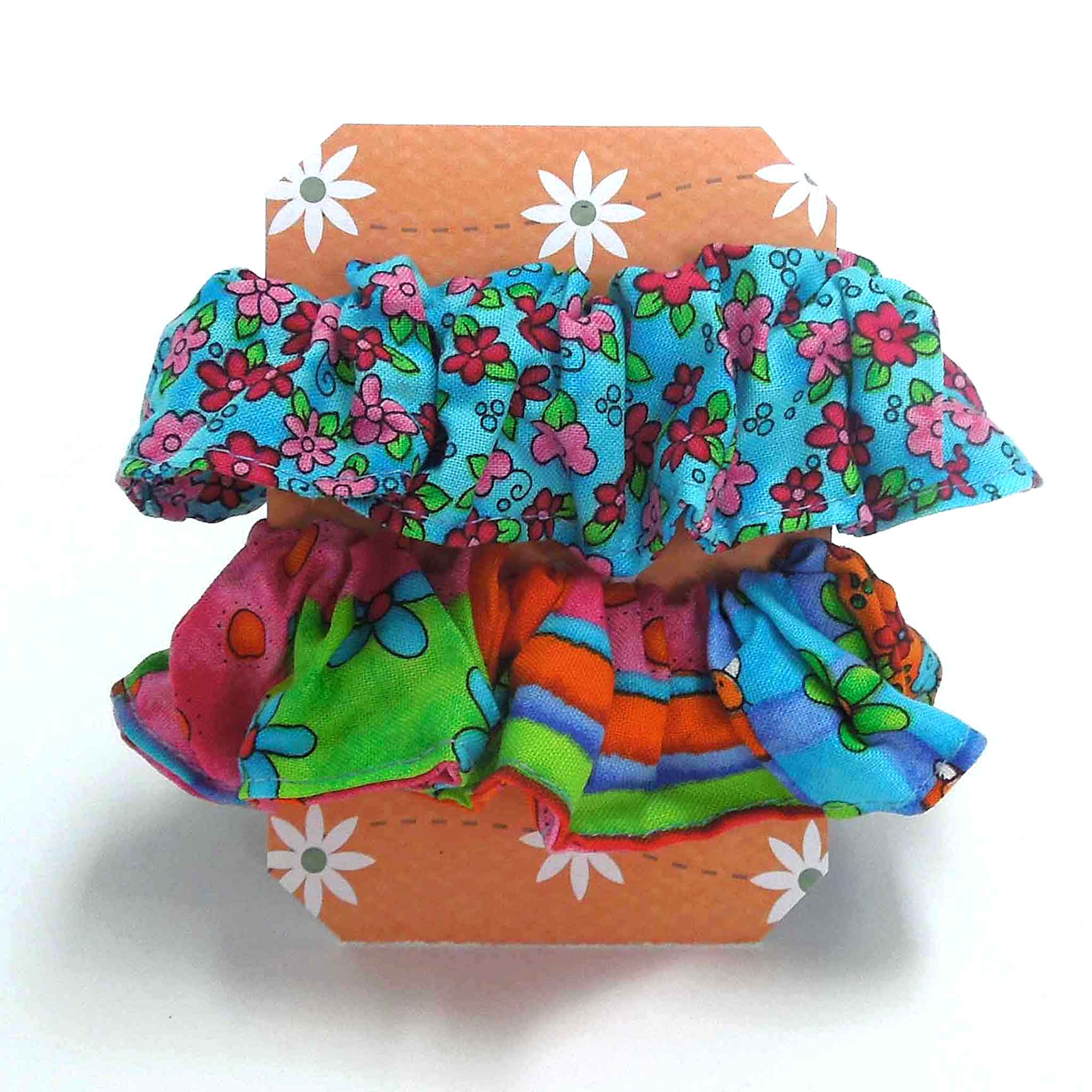 Cotton Scrunchies - Set of 2 on Gift Card - Turquoise Pink Daisies - Bright Dazzle - Handmade in Pure Cotton