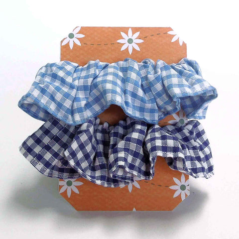 Cotton Scrunchies - Set of 2 on Gift Card - Pale Blue - Royal Blue Gingham - Handmade in Pure Cotton