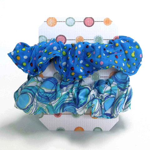 Cotton Scrunchies - Set of 2 on Gift Card - Dotty Blue - Blue Swirls - Handmade in Pure Cotton