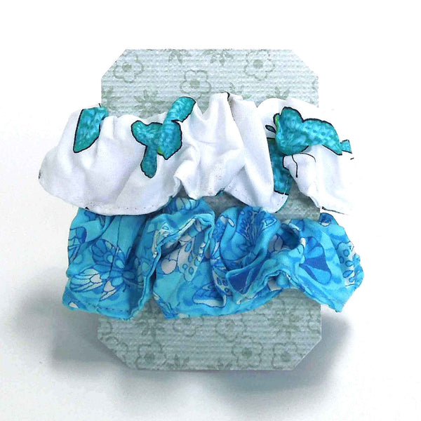 Cotton Scrunchies - Set of 2 on Gift Card - Turquoise Butterflies - Handmade in Pure Cotton