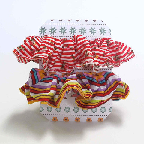 Cotton Scrunchies - Set of 2 on Gift Card - Red Floral and Bright Stripes - Handmade in Pure Cotton