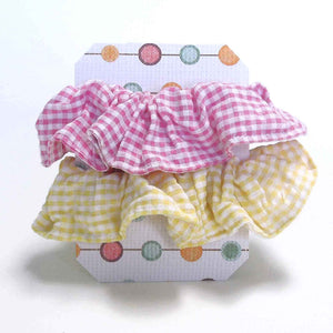 Cotton Scrunchies - Set of 2 on Gift Card - Pink and Yellow Gingham with Embroidered Flowers - Handmade in Pure Cotton