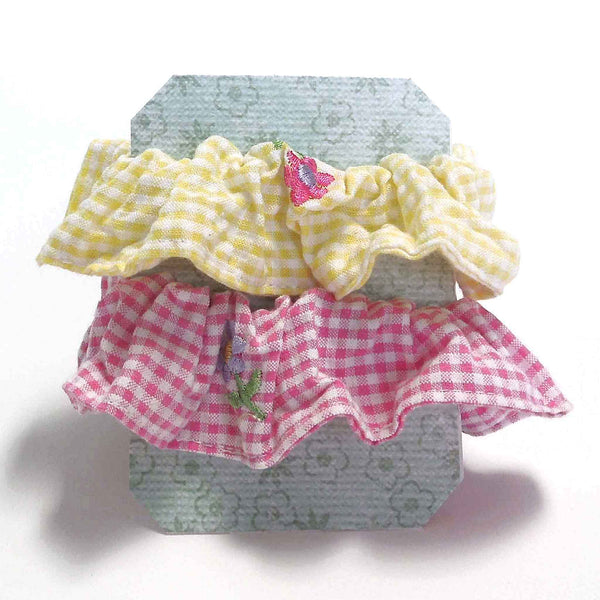 Cotton Scrunchies - Set of 2 on Gift Card - Pink and Yellow Gingham with Embroidered Flowers - Handmade in Pure Cotton