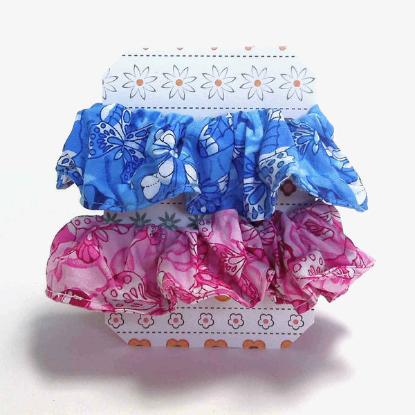 Cotton Scrunchies - Set of 2 on Gift Card - Blue and Pink Butterflies - Handmade in Pure Cotton