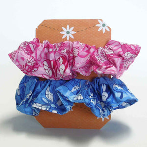 Cotton Scrunchies - Set of 2 on Gift Card - Blue and Pink Butterflies - Handmade in Pure Cotton