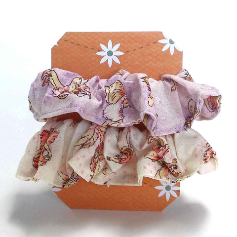 Cotton Scrunchies - Set of 2 on Gift Card - Cream and Lilac Flower Fairies - Handmade in Pure Cotton