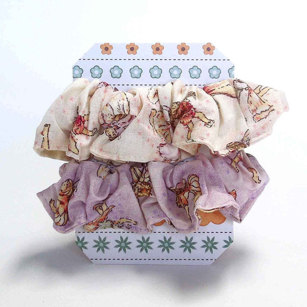 Cotton Scrunchies - Set of 2 on Gift Card - Cream and Lilac Flower Fairies - Handmade in Pure Cotton