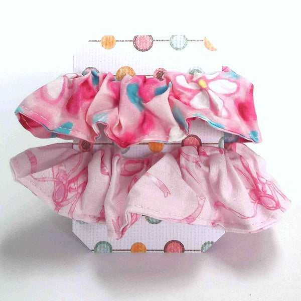 Cotton Scrunchies - Set of 2 on Gift Card - Pink Ballet Shoes - White Daisies on Pink - Handmade in Pure Cotton