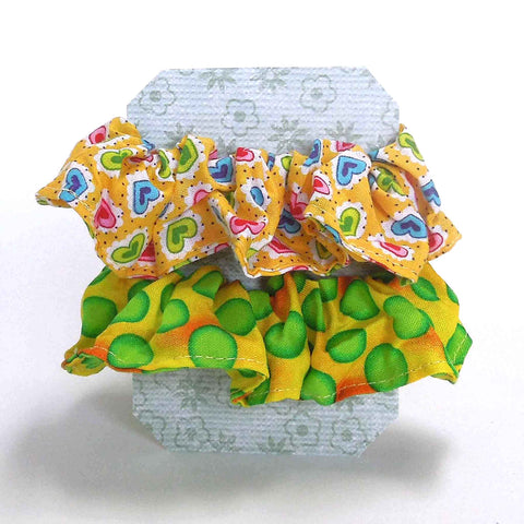 Cotton Scrunchies - Set of 2 on Gift Card - Green Polka Dots - Yellow Hearts - Handmade in Pure Cotton