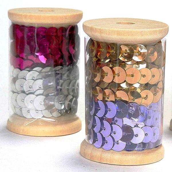 6mm Flat Sequin Trim on Wooden Bobbin - Fuchsia - Silver - 2 metres