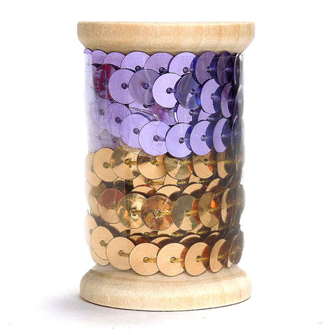 6mm Flat Sequin Trim on Wooden Bobbin - Lilac - Gold - 2 metres