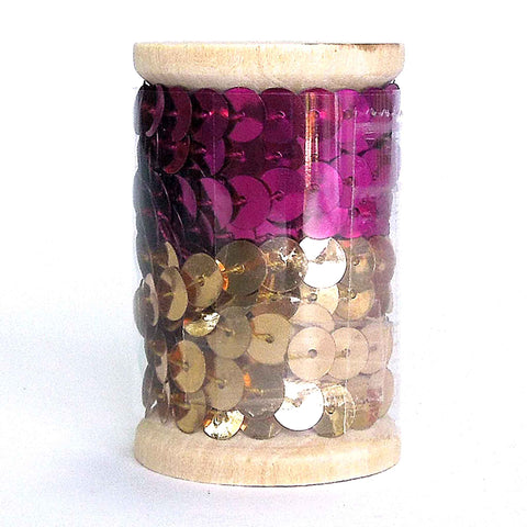 6mm Flat Sequin Trim on Wooden Bobbin - Fuchsia - Gold - 2 metres