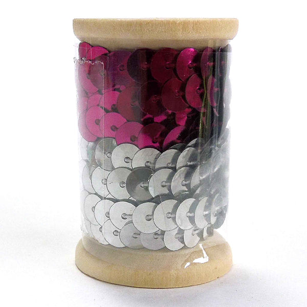 6mm Flat Sequin Trim on Wooden Bobbin - Fuchsia - Silver - 2 metres