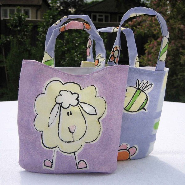 Kid's Cute Sheep Mini Handbag handmade in lilac animal print cotton and fully lined. Mini Tote Bag, Children's Shopping Bag