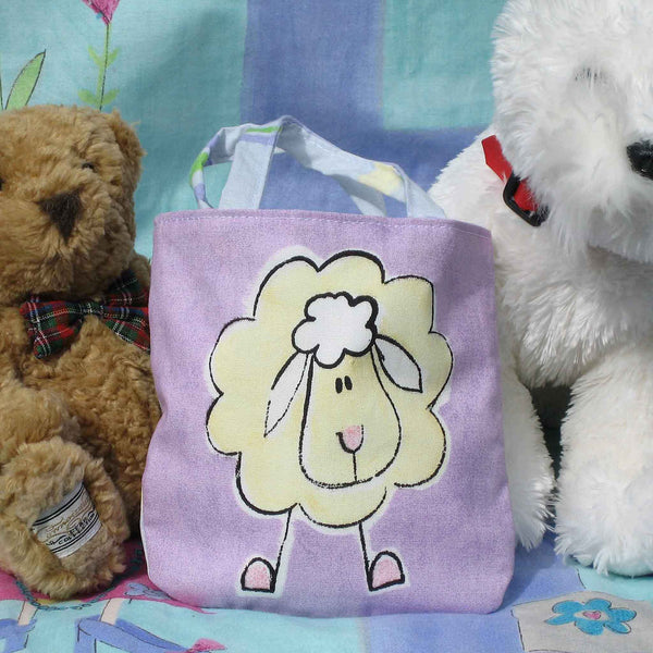 Kid's Cute Sheep Mini Handbag handmade in lilac animal print cotton and fully lined. Mini Tote Bag, Children's Shopping Bag