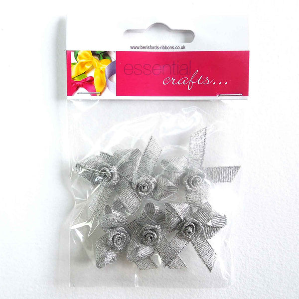 Ribbon Bow with Rose - Silver - Berisfords - per pack of 6