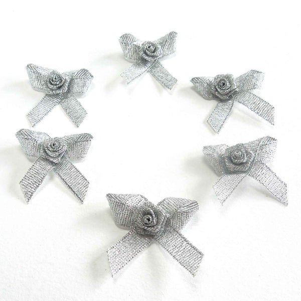 Ribbon Bow with Rose - Silver - Berisfords - per pack of 6