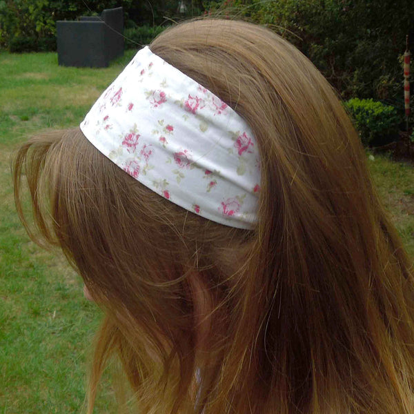 Scrunchie - Hairband - Bandana - Little Roses on White - Organza Gift Bag - Handmade in Pure Cotton