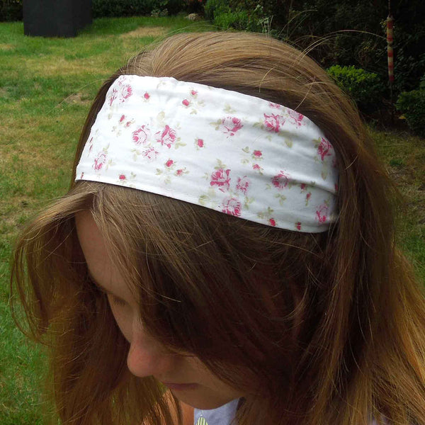 Scrunchie - Hairband - Bandana - Little Roses on White - Organza Gift Bag - Handmade in Pure Cotton