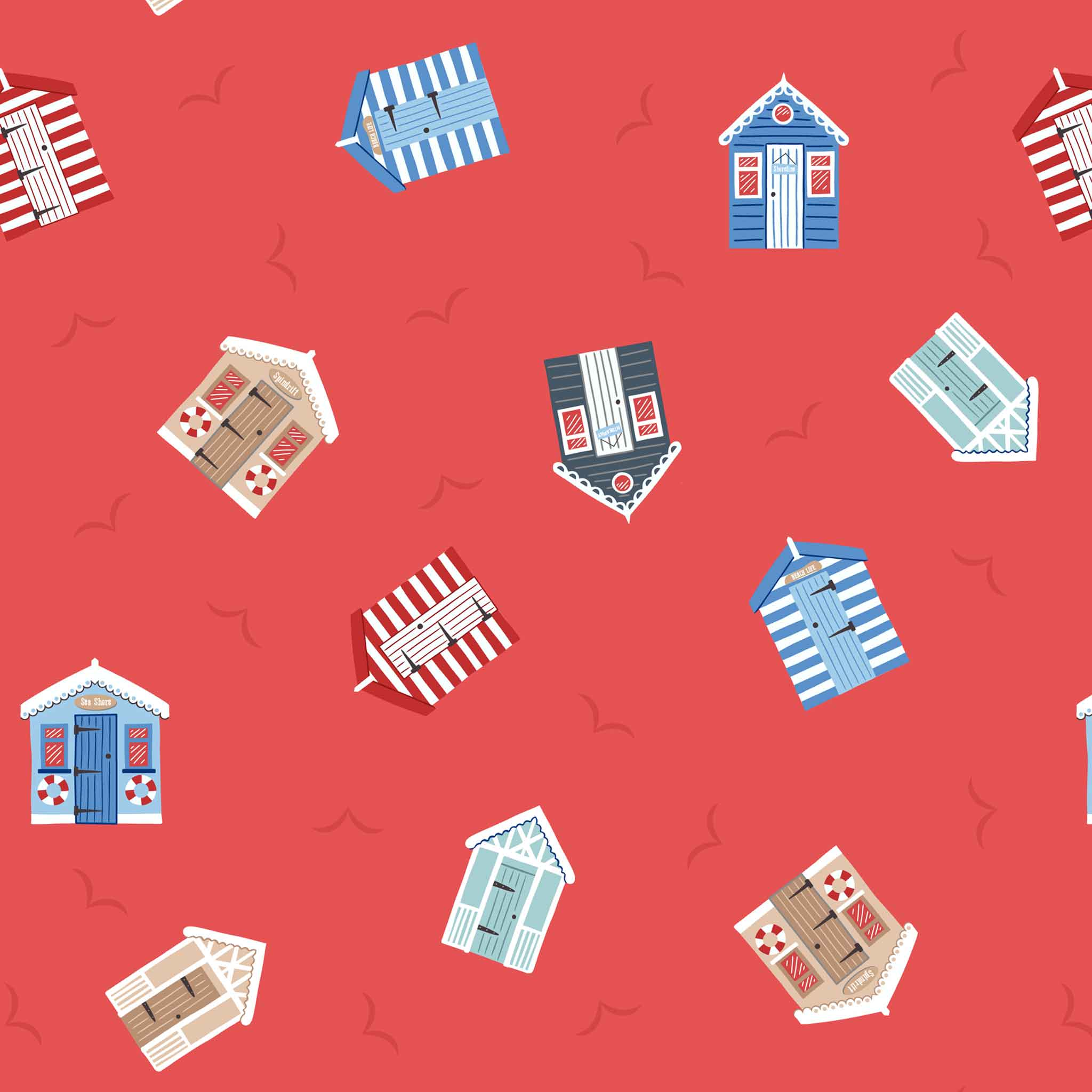 Small Things Coastal - Lewis and Irene - Beach Huts on Light Red SM61.2 - Cotton Fabric