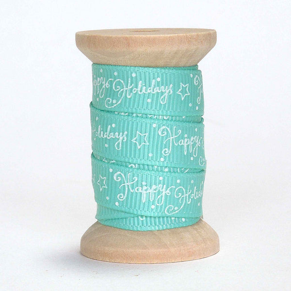 10mm Turquoise Happy Holidays Grosgrain Ribbon on Wooden Bobbin - 2 Metres