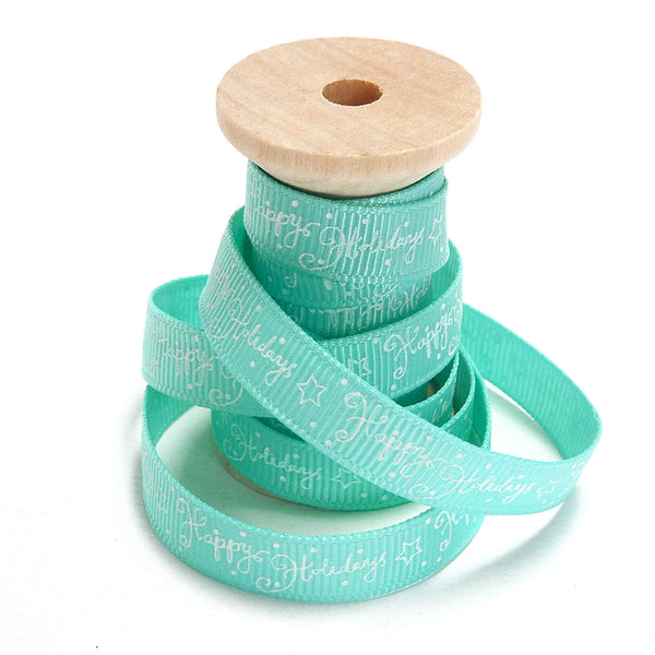 10mm Turquoise Happy Holidays Grosgrain Ribbon on Wooden Bobbin - 2 Metres