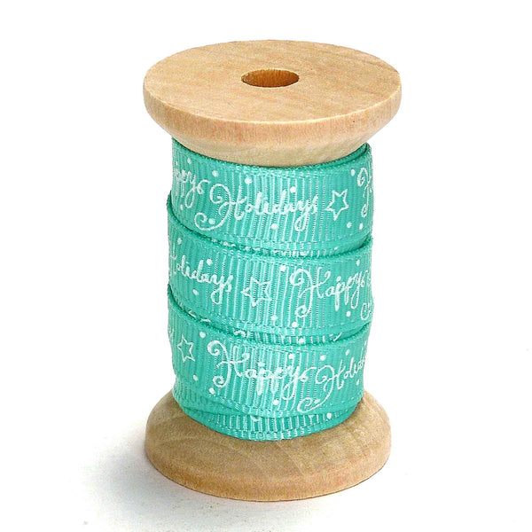 10mm Turquoise Happy Holidays Grosgrain Ribbon on Wooden Bobbin - 2 Metres