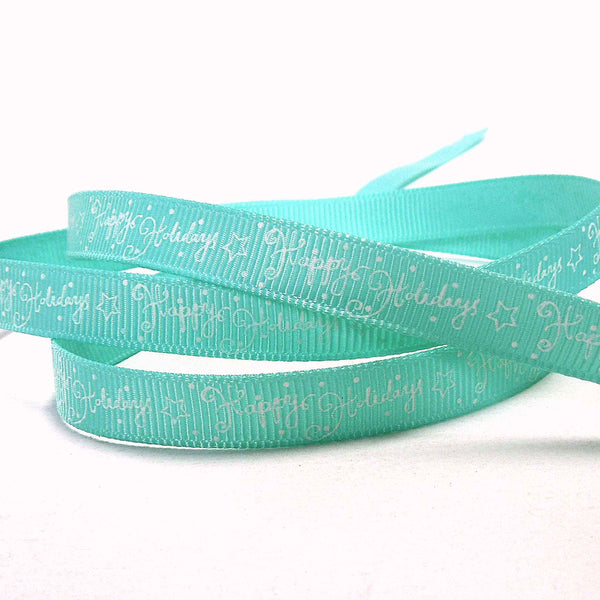 10mm Turquoise Happy Holidays Grosgrain Ribbon on Wooden Bobbin - 2 Metres