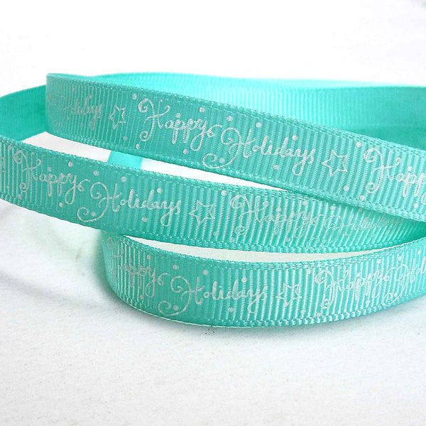 10mm Turquoise Happy Holidays Grosgrain Ribbon on Wooden Bobbin - 2 Metres