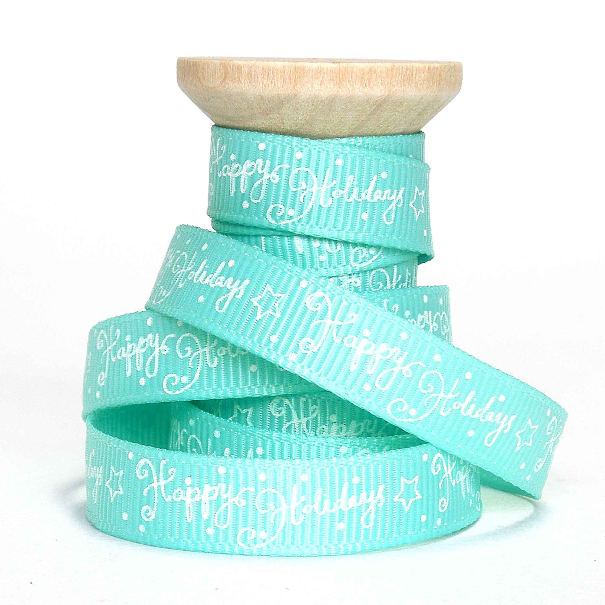 10mm Turquoise Happy Holidays Grosgrain Ribbon on Wooden Bobbin - 2 Metres