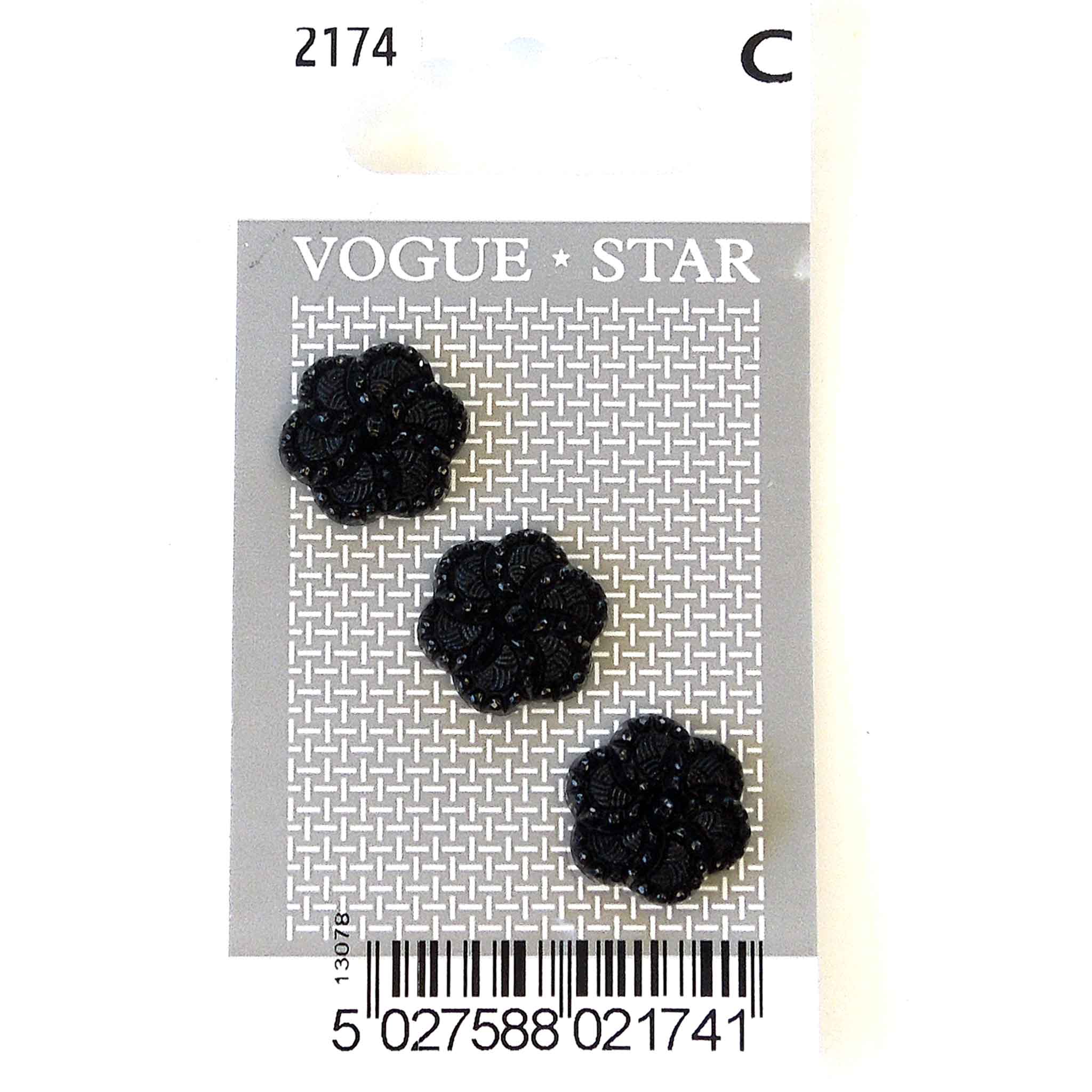 Vogue Star Buttons - Black Sparkle - 15mm - Pack of 3 - VS2174