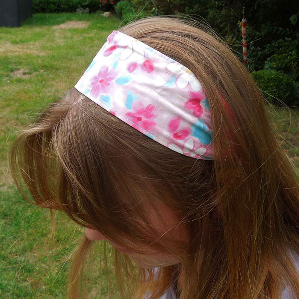 Scrunchie - Hairband - Bandana - White Daisies on Pink - Organza Gift Bag - Handmade in Pure Cotton