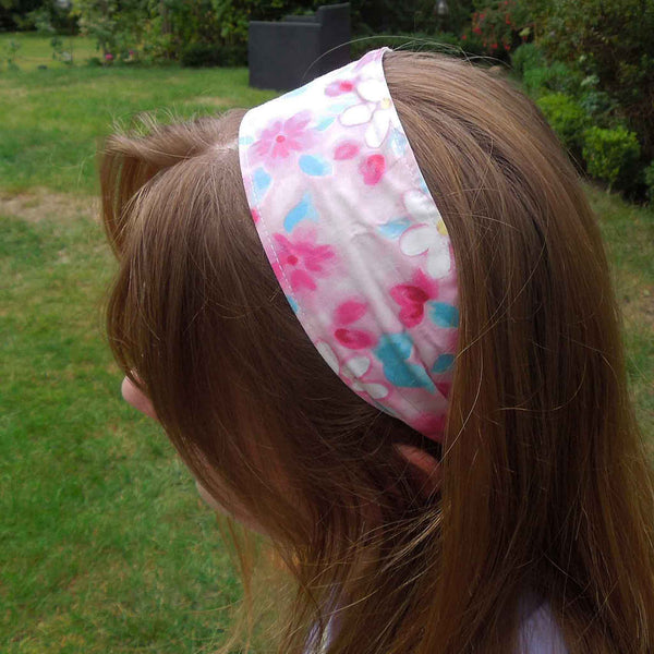 Scrunchie - Hairband - Bandana - White Daisies on Pink - Organza Gift Bag - Handmade in Pure Cotton