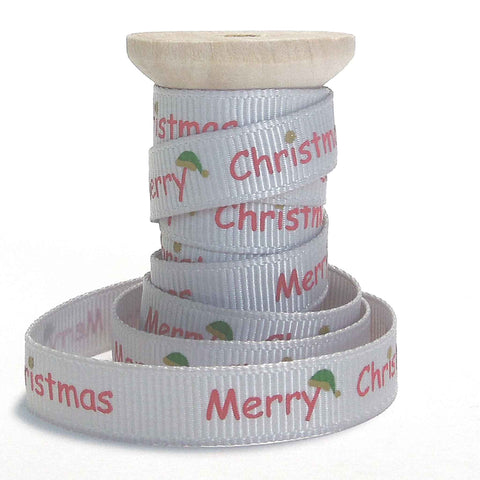 10mm Silver Grey Merry Christmas and Santa Hats Ribbon on Wooden Bobbin - 2 Metres