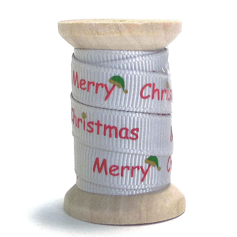 10mm Silver Grey Merry Christmas and Santa Hats Ribbon on Wooden Bobbin - 2 Metres