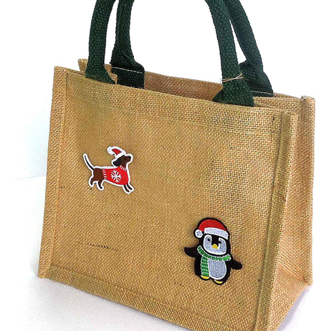 Natural Jute Bag and Christmas Motifs - Green Padded Handles