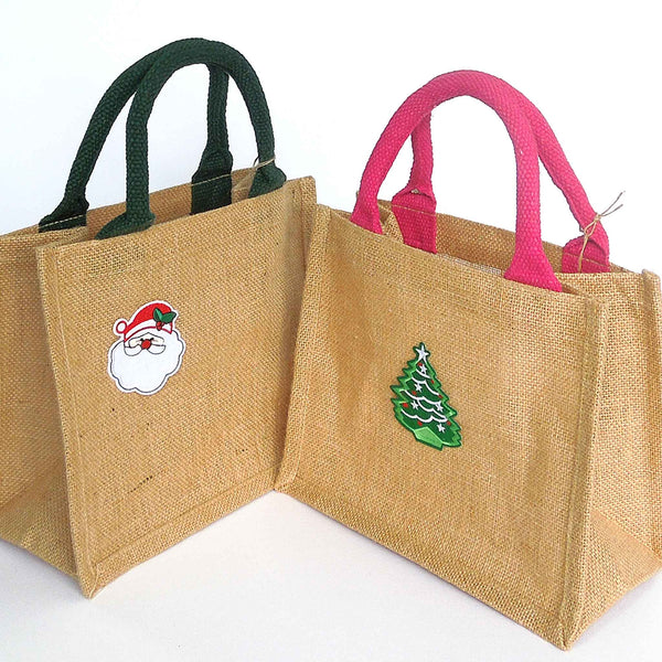 Natural Jute Bag and Christmas Motifs - Pink Padded Handles